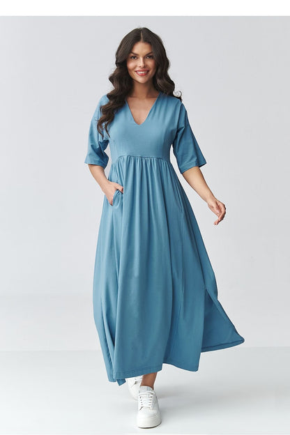 women_fashion - littlescollectionDressV - Neck Maxi Daydress | Waistline Cut Cotton Blendmaxi dress