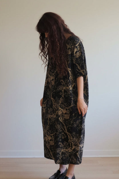 Elara floral linen midi dress with relaxed fit and vintage print