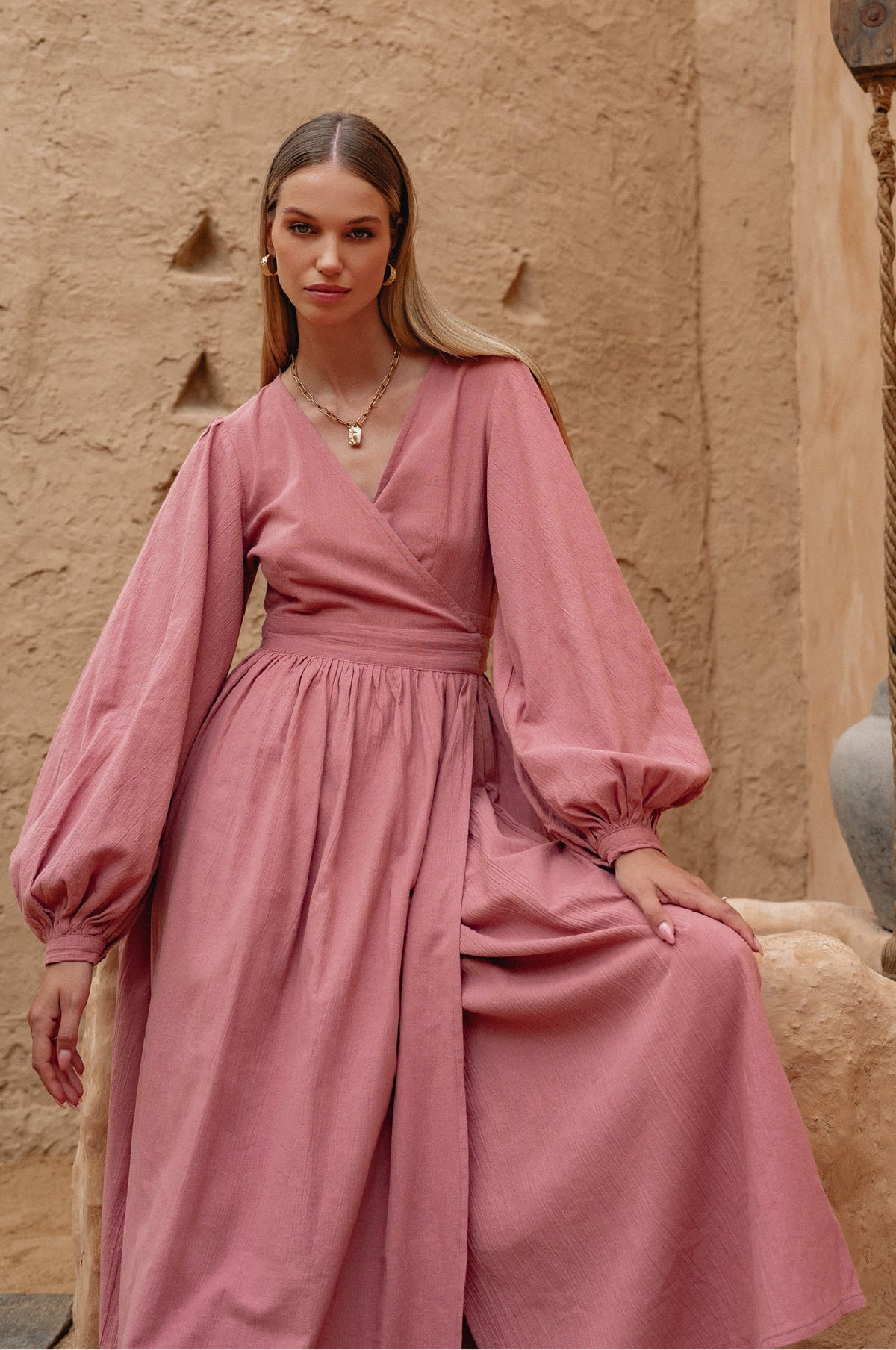 Emerie Long Sleeve Linen Wrap Dress