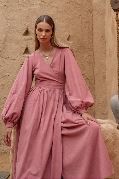 Emerie Long Sleeve Linen Wrap Dress