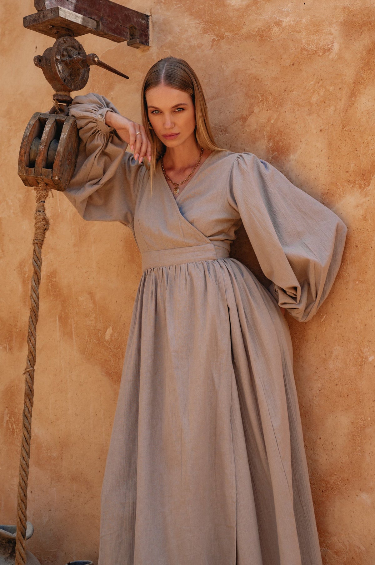 Emerie Long Sleeve Linen Wrap Dress