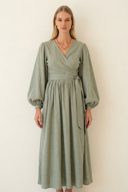 Emerie Long Sleeve Linen Wrap Dress