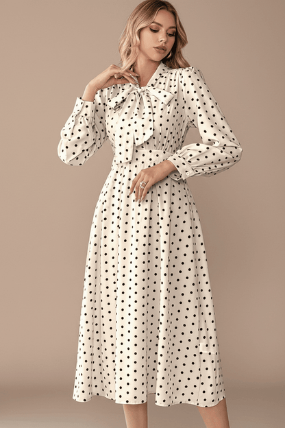 BohoLittlesEdit - Evening Gown - Vintage Polka Dot Tie Front Long Sleeve Midi Dress Women