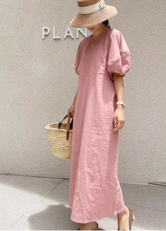  French Vintage Balloon Sleeve Crew Neck Dress Women