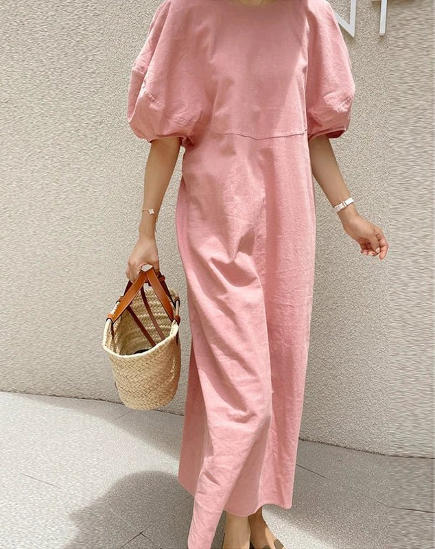 French Vintage Balloon Sleeve Crew Neck Dress Women