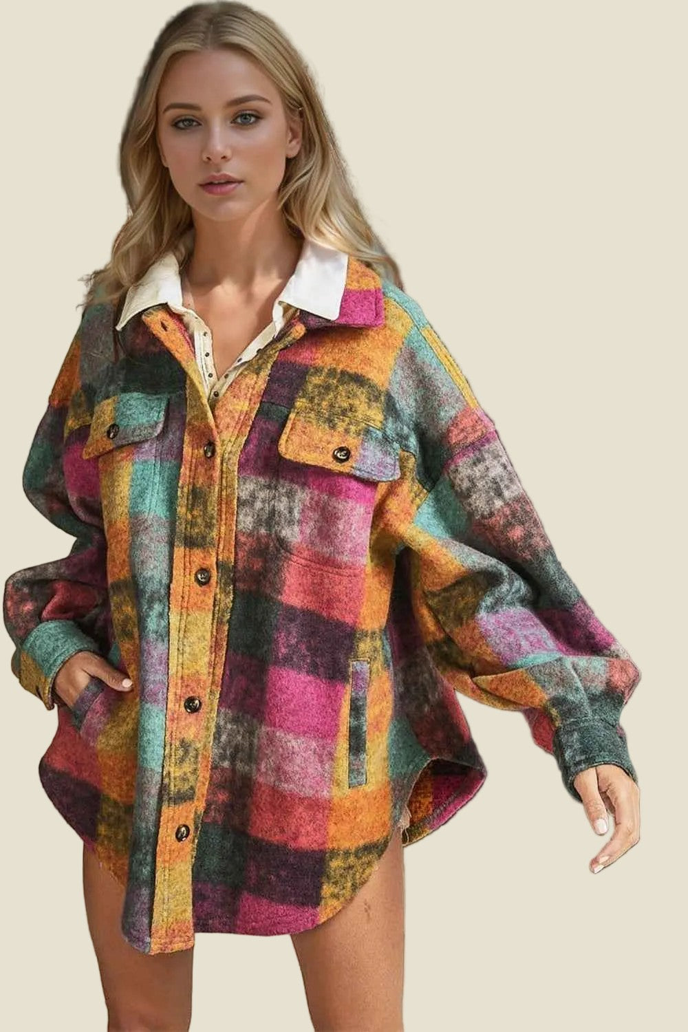 Plaid Fleece Button-Up Shacket Women