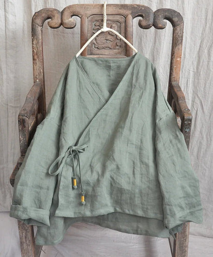 green  ramie v-neck boho blouse.