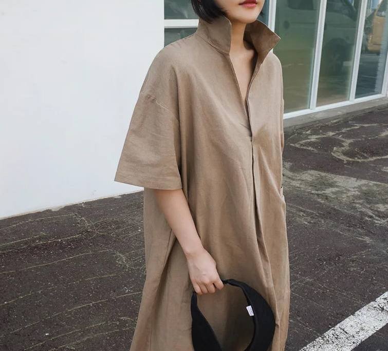 Vintage V-Neck Linen Cotton Shirt Collar Midi Dress Women