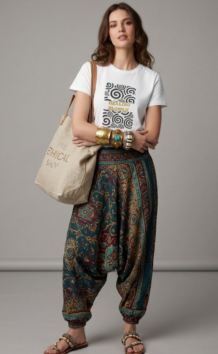 A woman models a white graphic t-shirt paired with high-waisted, voluminous harem pants featuring a complex teal, red, and gold paisley pattern. She is accessorized with a beige tote bag, gold bracelets, and sandals, standing against a neutral gray studio backdrop.