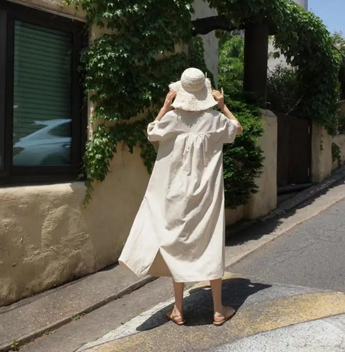 Vintage V-Neck Linen Cotton Shirt Collar Midi Dress Women