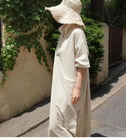 Vintage V-Neck Linen Cotton Shirt Collar Midi Dress Women