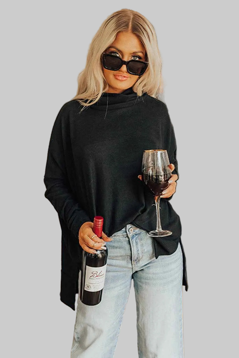 High-Low Cowl Neck Cotton Blend Blouse