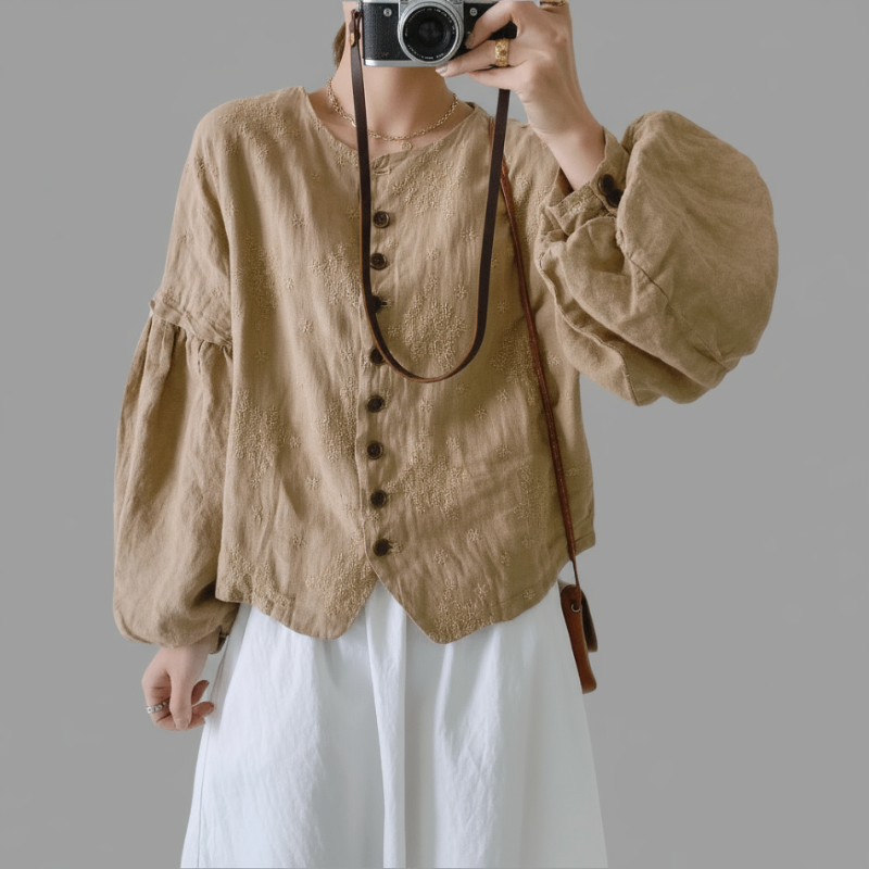 JNT Linen Vintage Women Jackets Lantern Sleeve