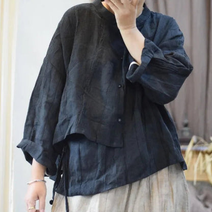 women_fashion - littlescollectionblouseLinen Flare Sleeve Shirt Women – Loose Fit Stand Collar Casual Toploose fit casual shirt
