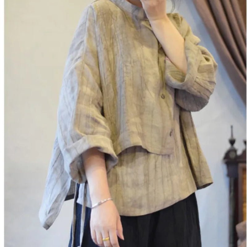 women_fashion - littlescollectionblouseLinen Flare Sleeve Shirt Women – Loose Fit Stand Collar Casual Toploose fit casual shirt