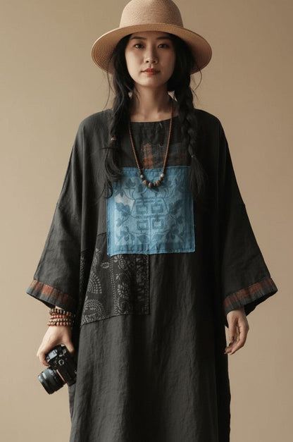 BohoLittlesEdit - Linen Dress - Willow Patchwork Linen Midi Dress