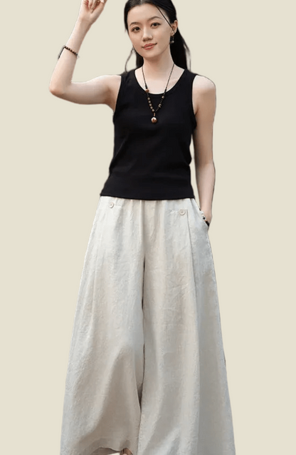 Linen Wide Leg Pants For Summer, elastic waist pants
