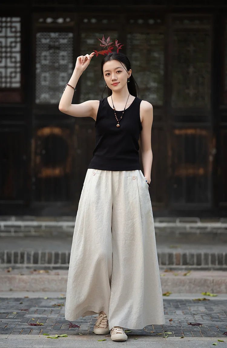 women_fashion - littlescollectionWomen pantsLinen Wide Leg Pants For Summerelastic waist pants