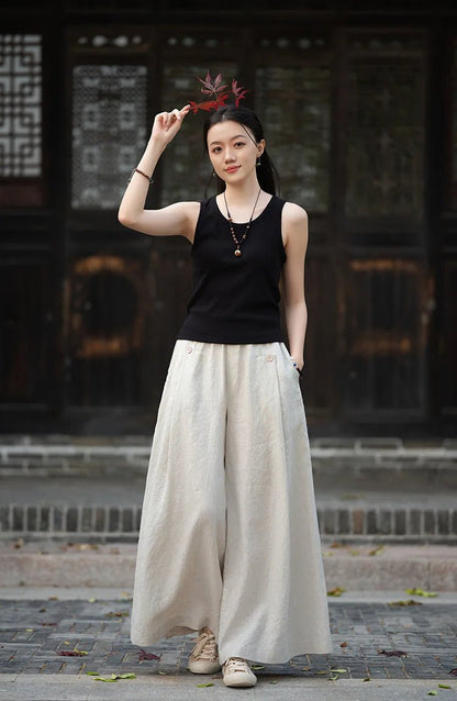 women_fashion - littlescollectionWomen pantsLinen Wide Leg Pants For Summerelastic waist pants