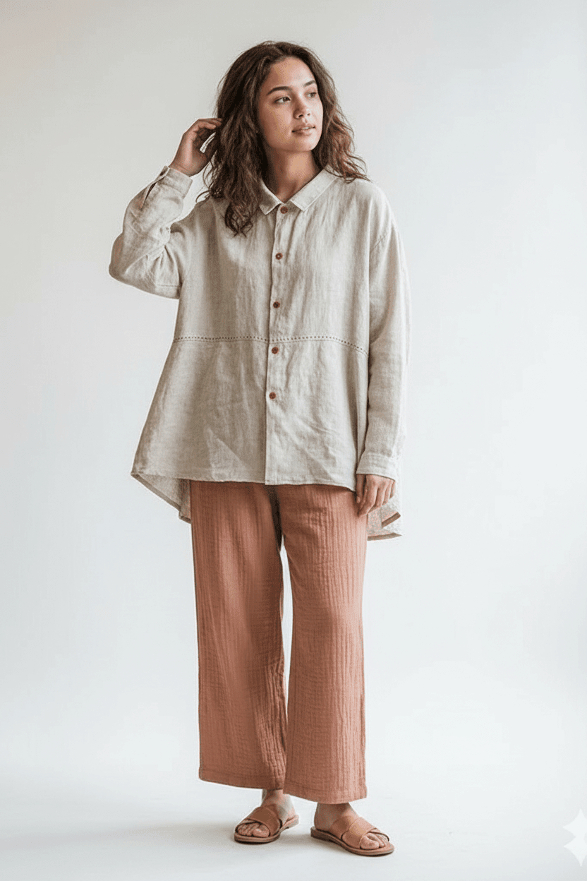 A woman modeling a light beige linen button-up shirt and rust-colored wide-leg trousers against a plain white studio background.