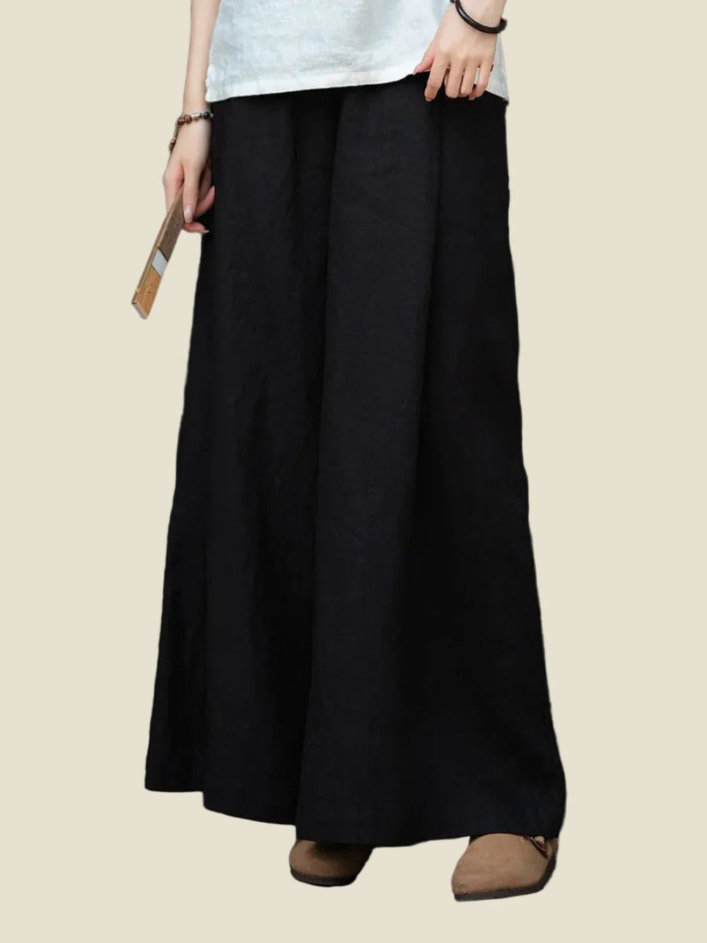 Linen Wide Leg Pants For Summer, elastic waist pants black