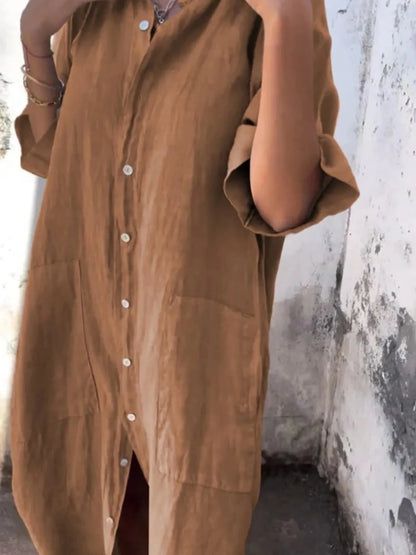 women_fashion - littlescollectionMidi dress linenSienna Linen Button - Down Midi Shirt Dress with Patch Pocketsbreathable dress