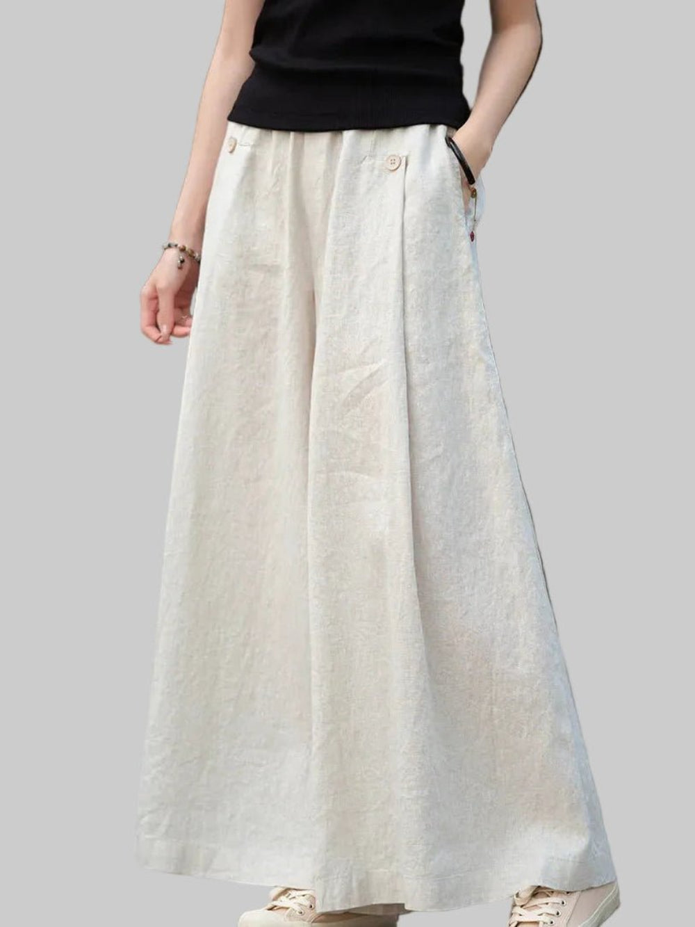 Linen Wide Leg Pants For Summer, elastic waist pants white