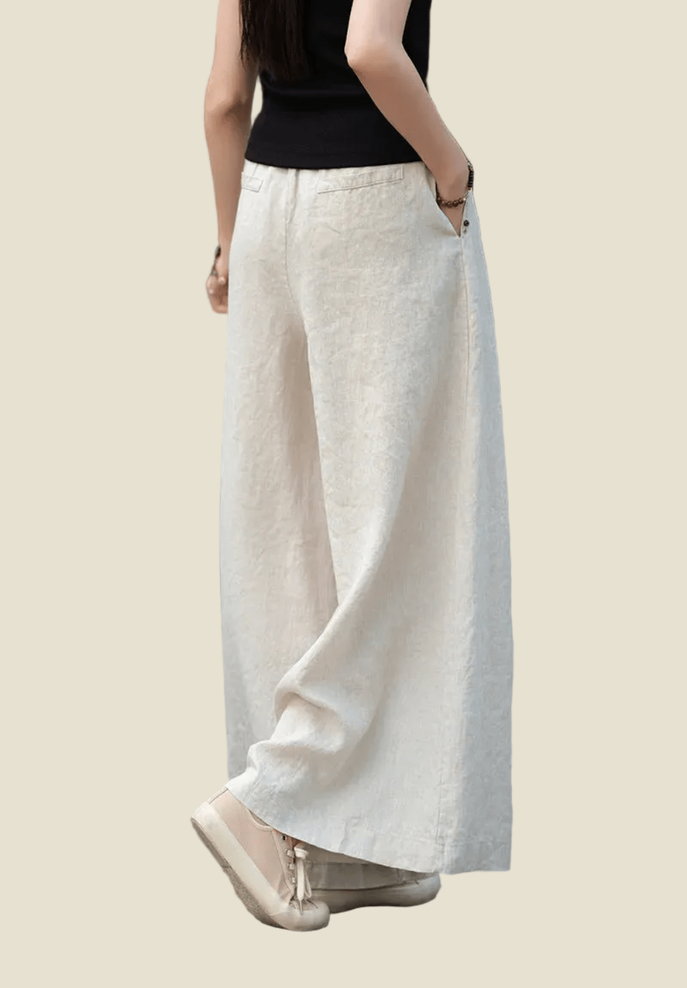 Linen Wide Leg Pants For Summer, elastic waist pants white