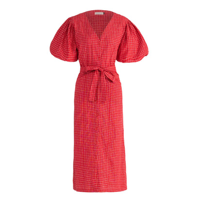 women_fashion - littlescollectionCotton dressMeghan Gingham Hemp Midi Dress in Scarlet Red Womenbelted midi dress women