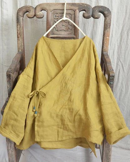 yellow  ramie v-neck boho blouse.
