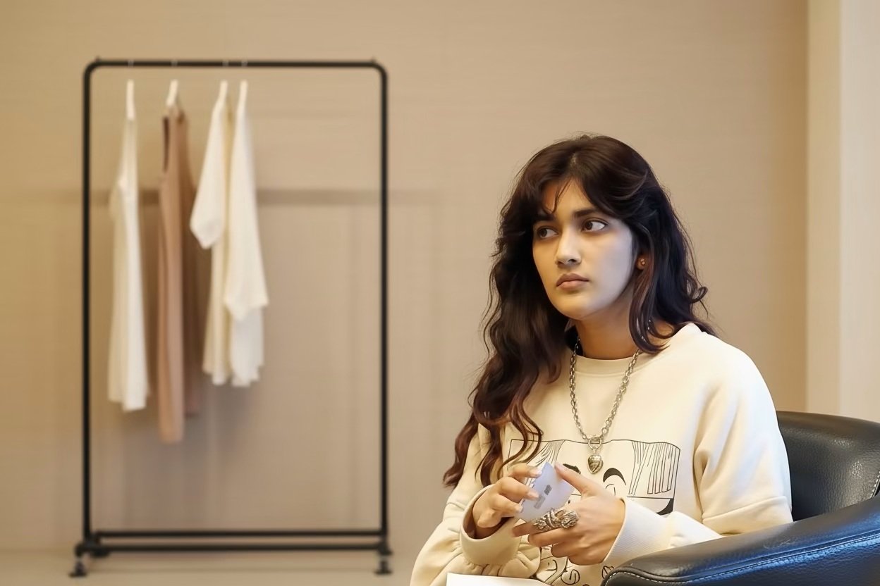 Woman sitting in a chair holding a card with clothes on a rack in the background