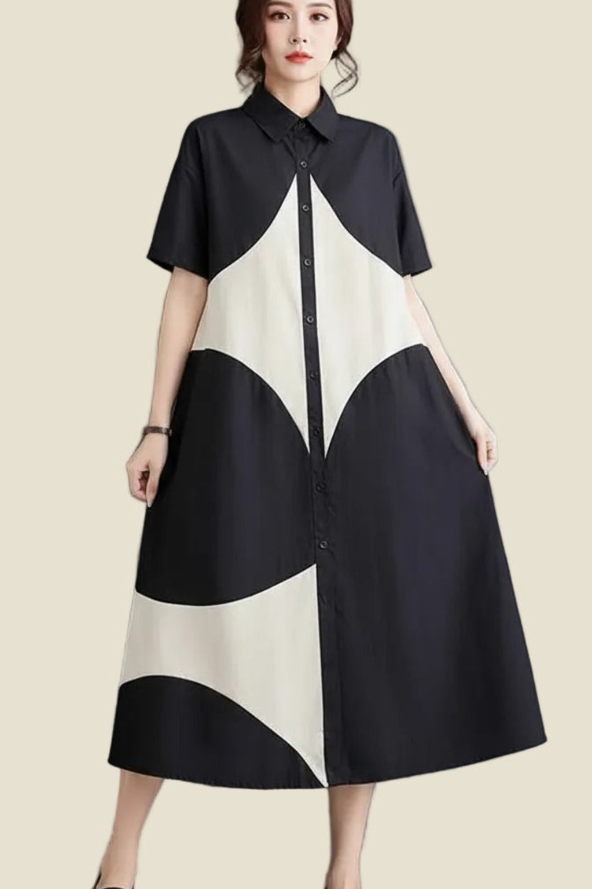 Patchwork Vintage Long Shirt Dresses Women