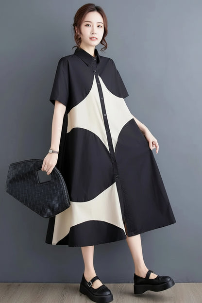Patchwork Vintage Long Shirt Dresses Women
