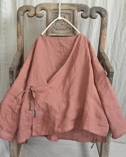 Orange  ramie v-neck boho blouse.