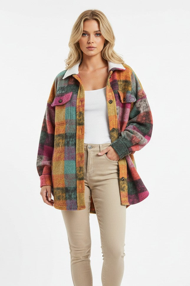 Plaid Fleece Button-Up Shacket Women