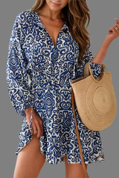 Printed Tie Neck Long Sleeve Dress