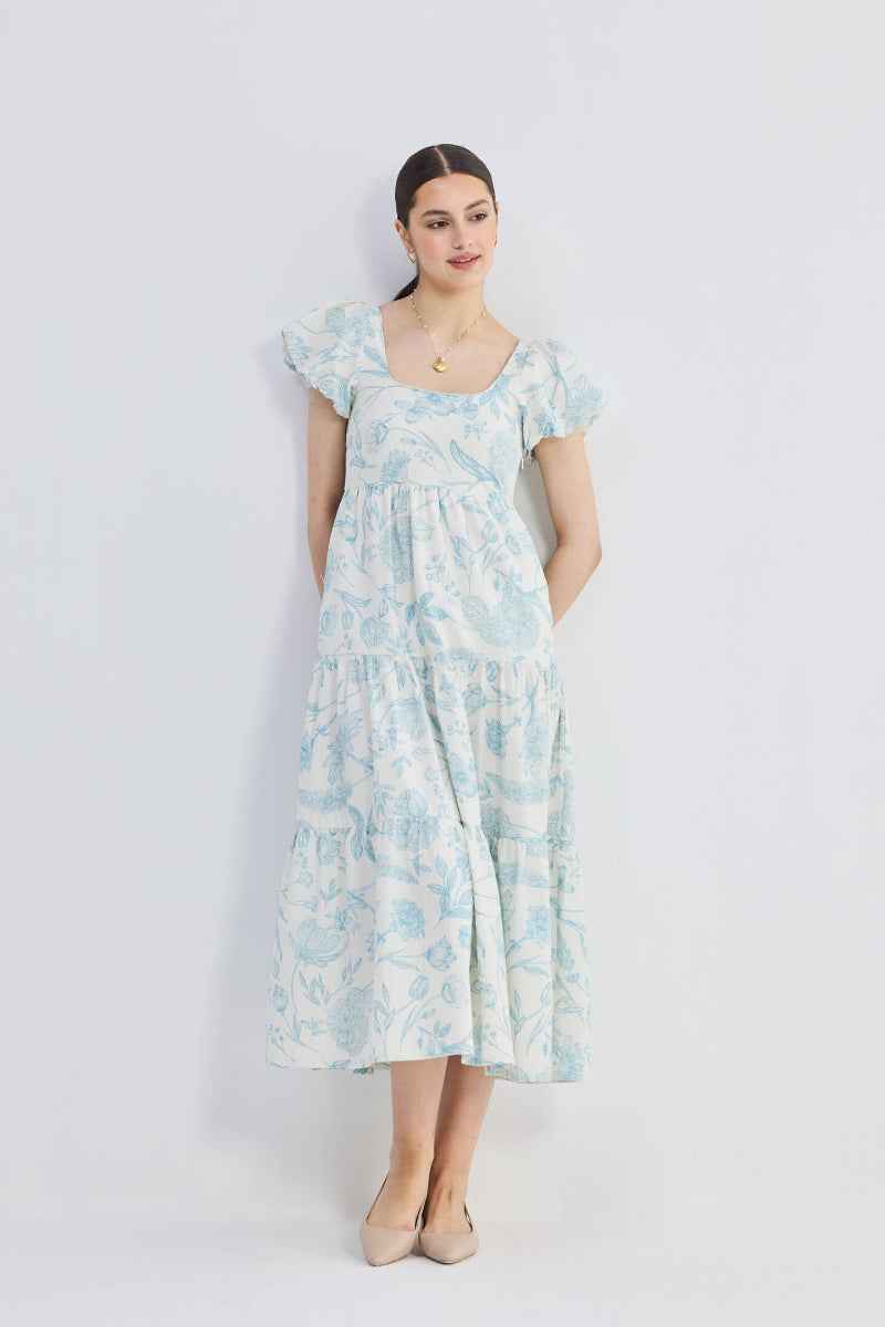 women_fashion - littlescollectionDressCotton Puff Sleeve Tiered Maxi Dress in Blue Florals@women@hoodie