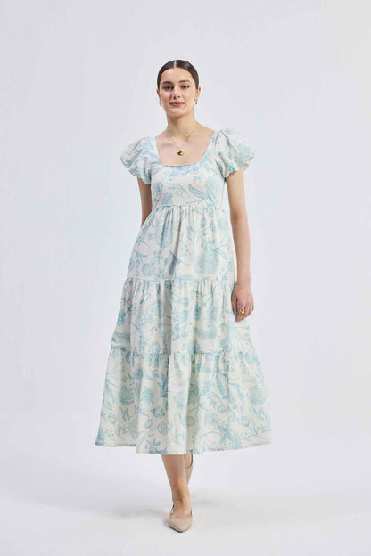 women_fashion - littlescollectionDressCotton Puff Sleeve Tiered Maxi Dress in Blue Florals@women@hoodie