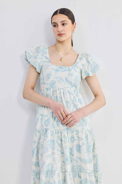women_fashion - littlescollectionDressCotton Puff Sleeve Tiered Maxi Dress in Blue Florals@women@hoodie