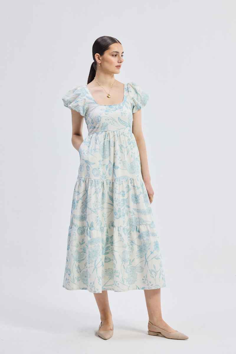 women_fashion - littlescollectionDressCotton Puff Sleeve Tiered Maxi Dress in Blue Florals@women@hoodie