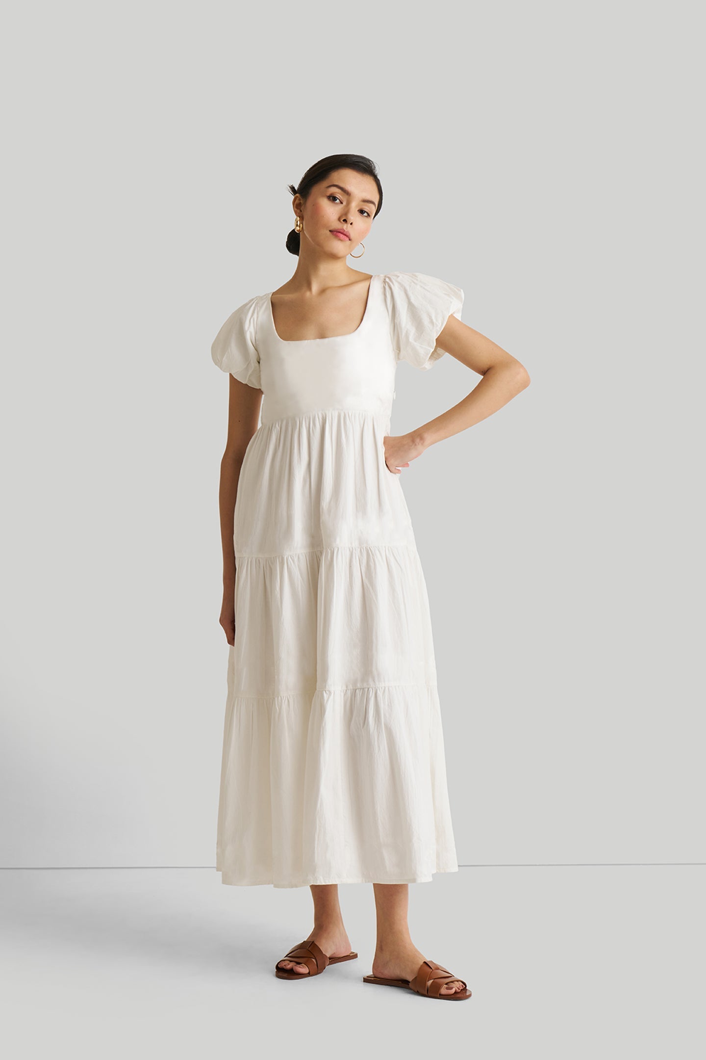 women_fashion - littlescollectionCotton dressPuff Sleeve Tiered Maxi Dress Organic Cotton in White Womenmaxi dress