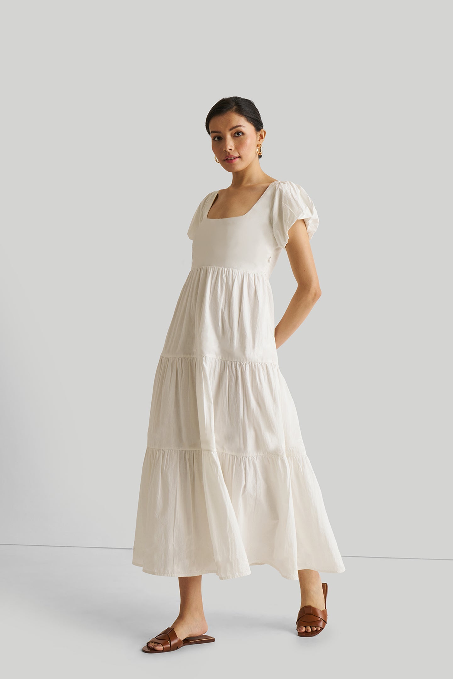 Puff-Sleeve Tiered Maxi Dress, Organic Cotton, in White.