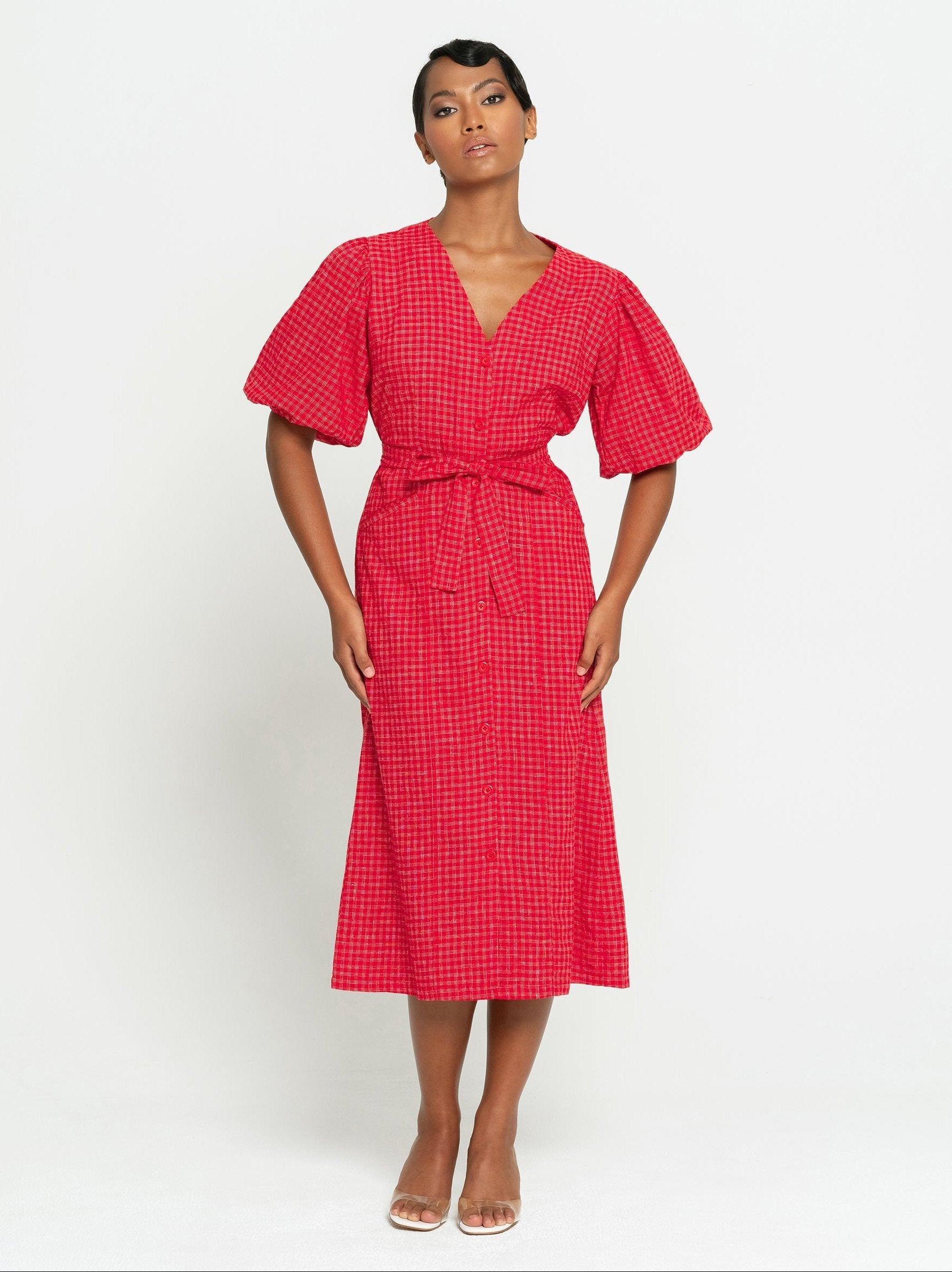 women_fashion - littlescollectionCotton dressMeghan Gingham Hemp Midi Dress in Scarlet Red Womenbelted midi dress women
