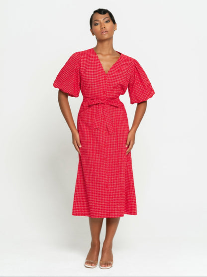 women_fashion - littlescollectionCotton dressMeghan Gingham Hemp Midi Dress in Scarlet Red Womenbelted midi dress women