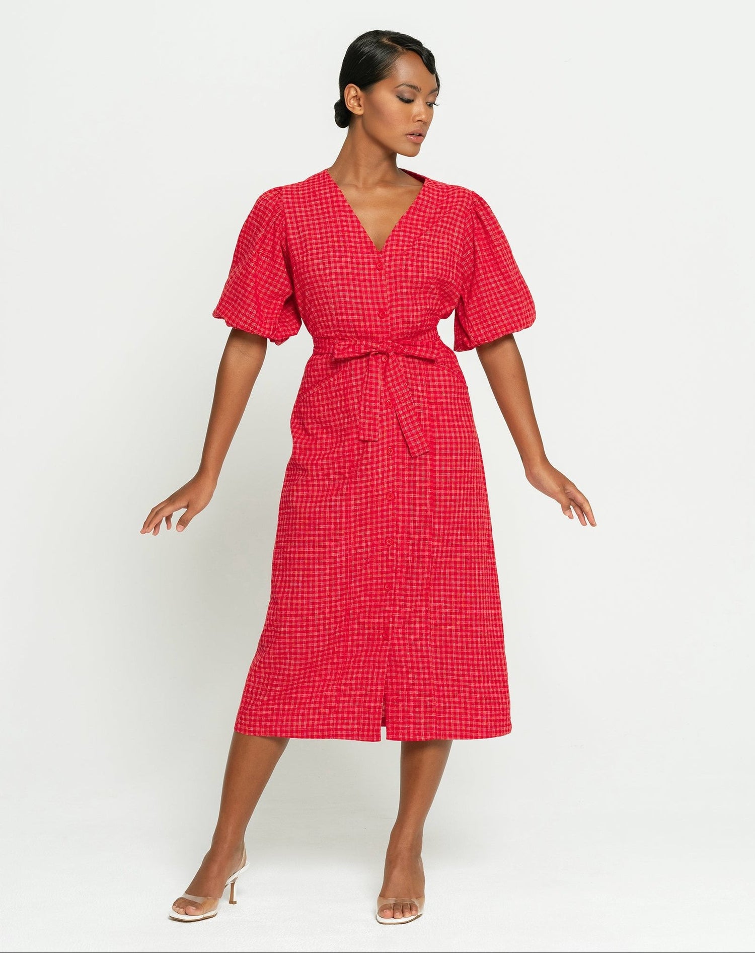 women_fashion - littlescollectionCotton dressMeghan Gingham Hemp Midi Dress in Scarlet Red Womenbelted midi dress women