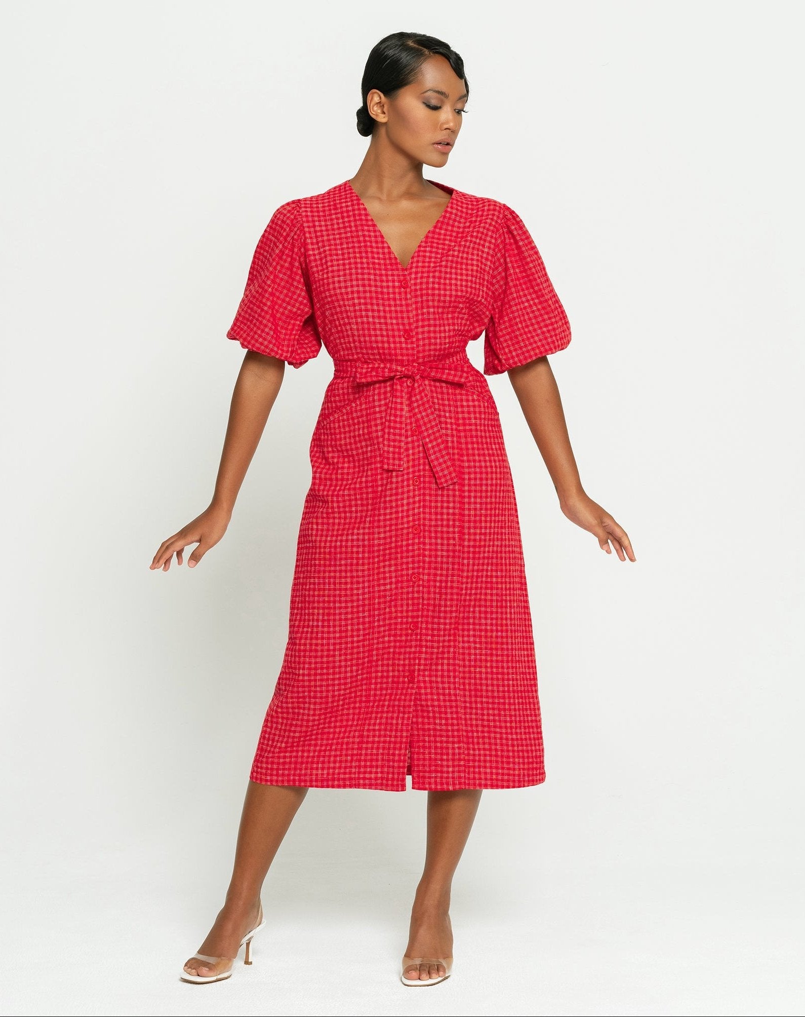 women_fashion - littlescollectionCotton dressMeghan Gingham Hemp Midi Dress in Scarlet Red Womenbelted midi dress women