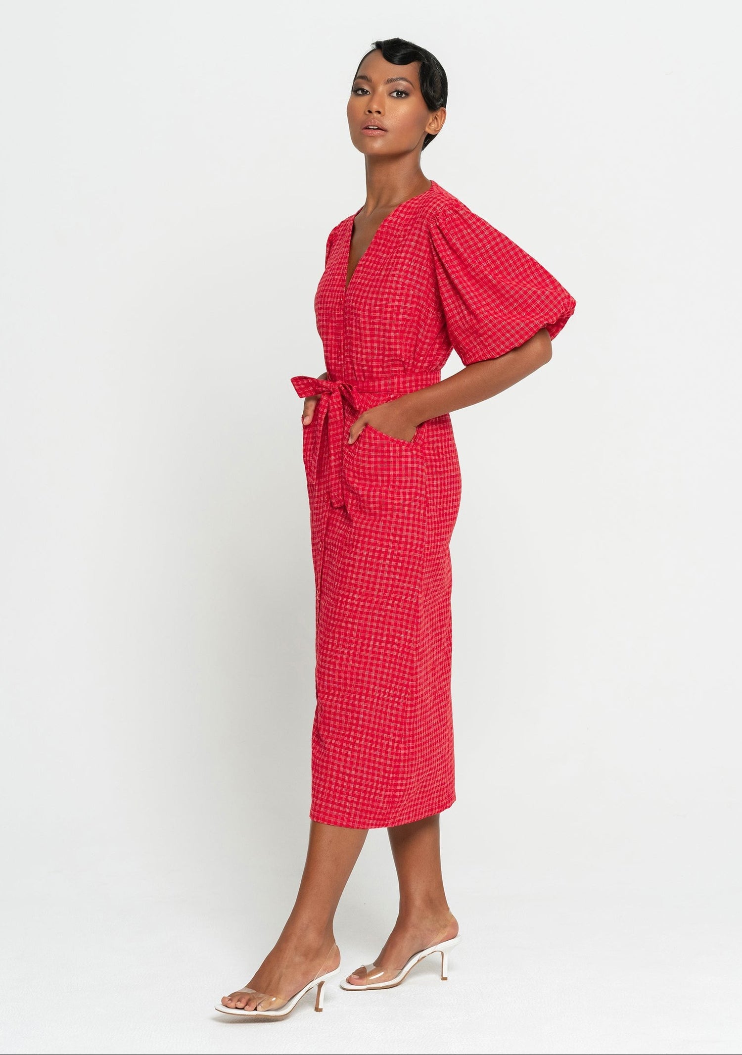 women_fashion - littlescollectionCotton dressMeghan Gingham Hemp Midi Dress in Scarlet Red Womenbelted midi dress women