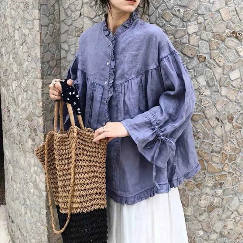 Retro Linen Ear Balloon Sleeve Blouse