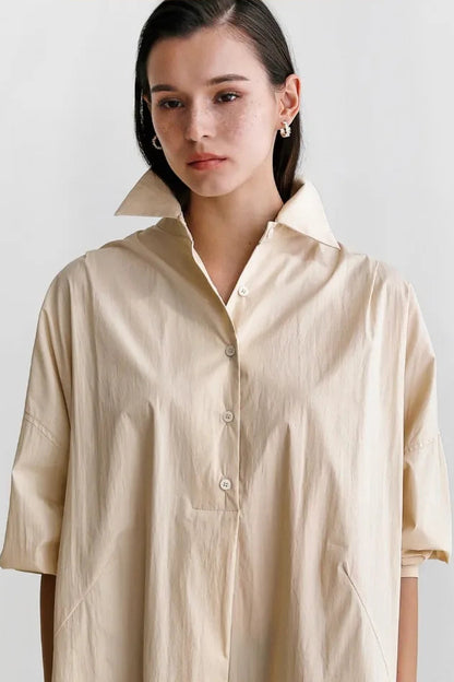 Korean Style Cotton Linen Shirt Dress with Pocket