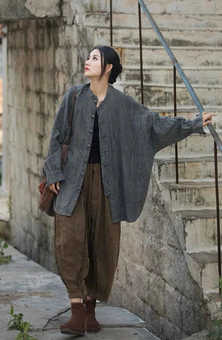 women_fashion - littlescollectionwomen linen JacketsJNT Women Vintage Ramie Cotton Linen Shirt Jackets